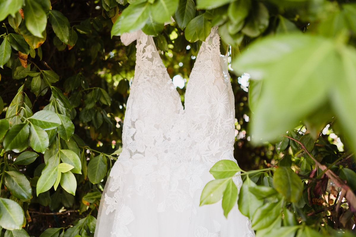 Sleeveless lace wedding dress hung among green leaves